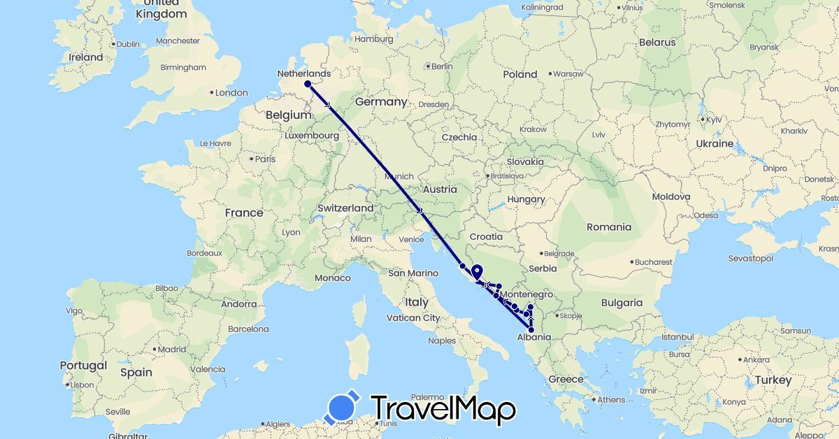 TravelMap itinerary: driving in Albania, Bosnia and Herzegovina, Croatia, Montenegro, Netherlands (Europe)